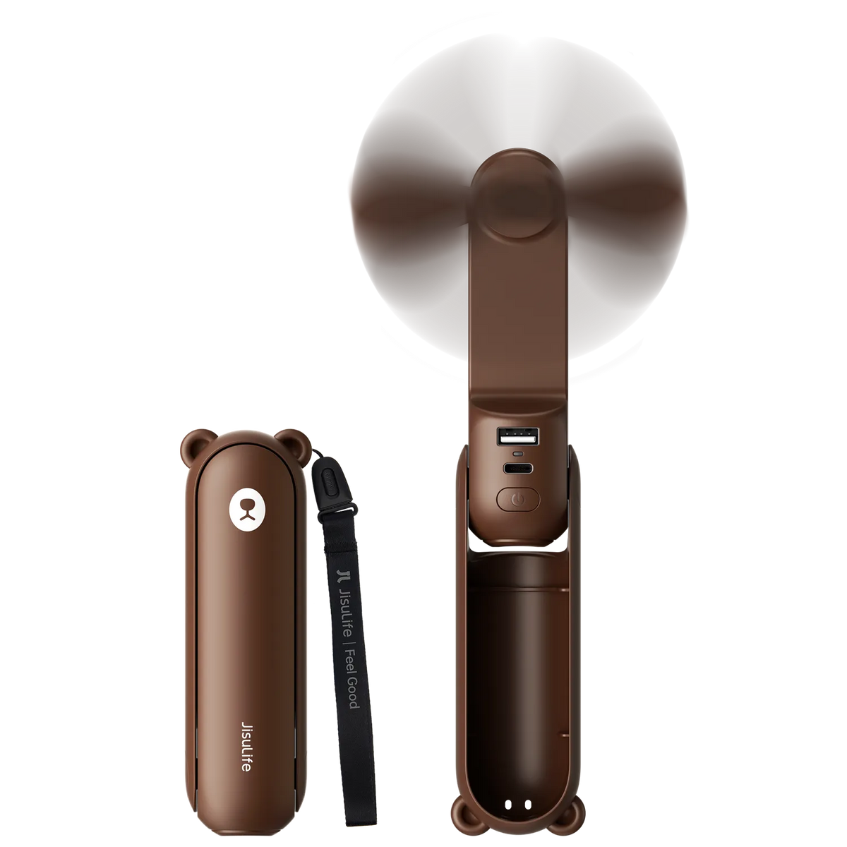 Brown JisuLife mini handheld fan with bear-shaped cover, wrist strap and compact foldable body