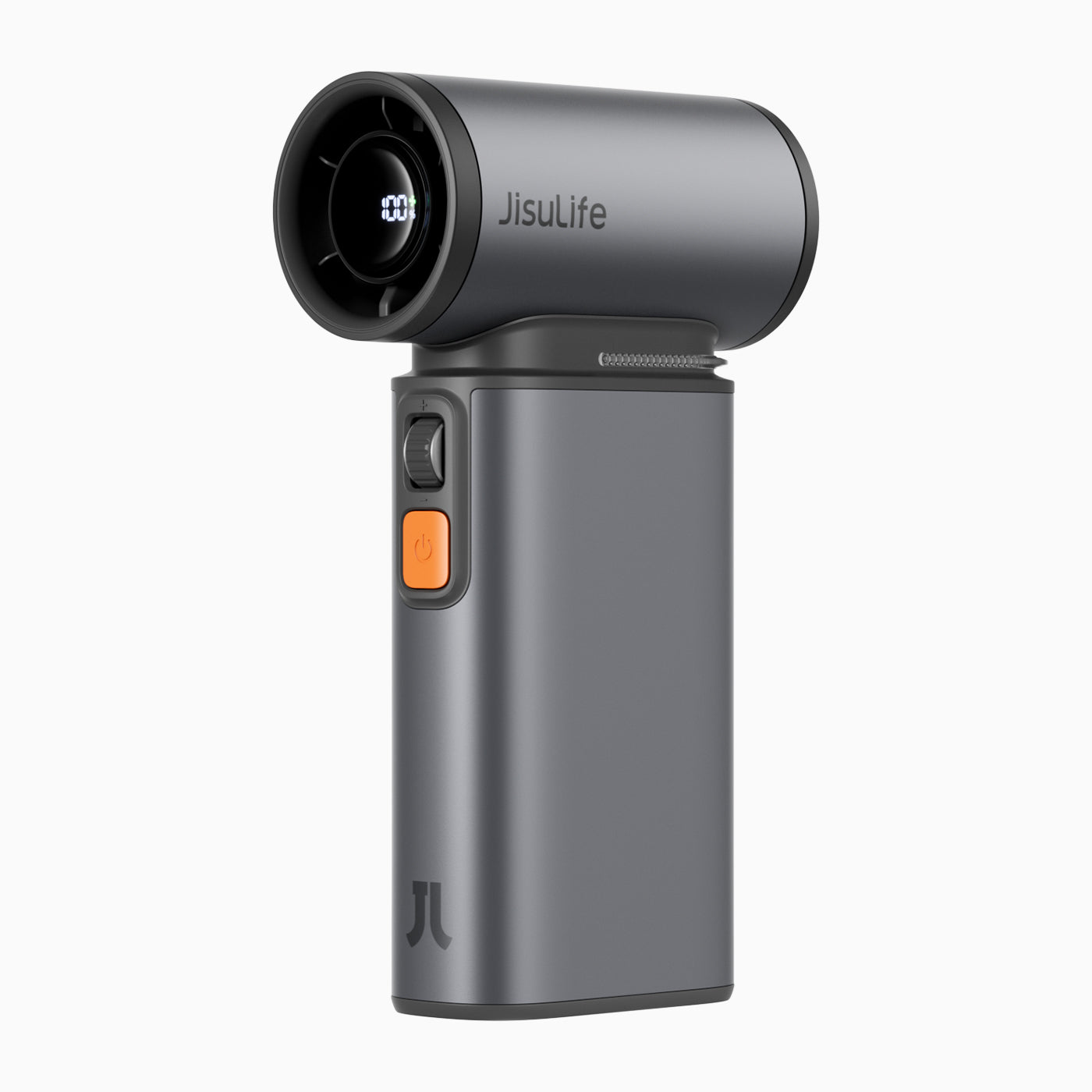 Jisulife Ultra1 handheld fan in gray with LED display and orange power button, portable rechargeable fan