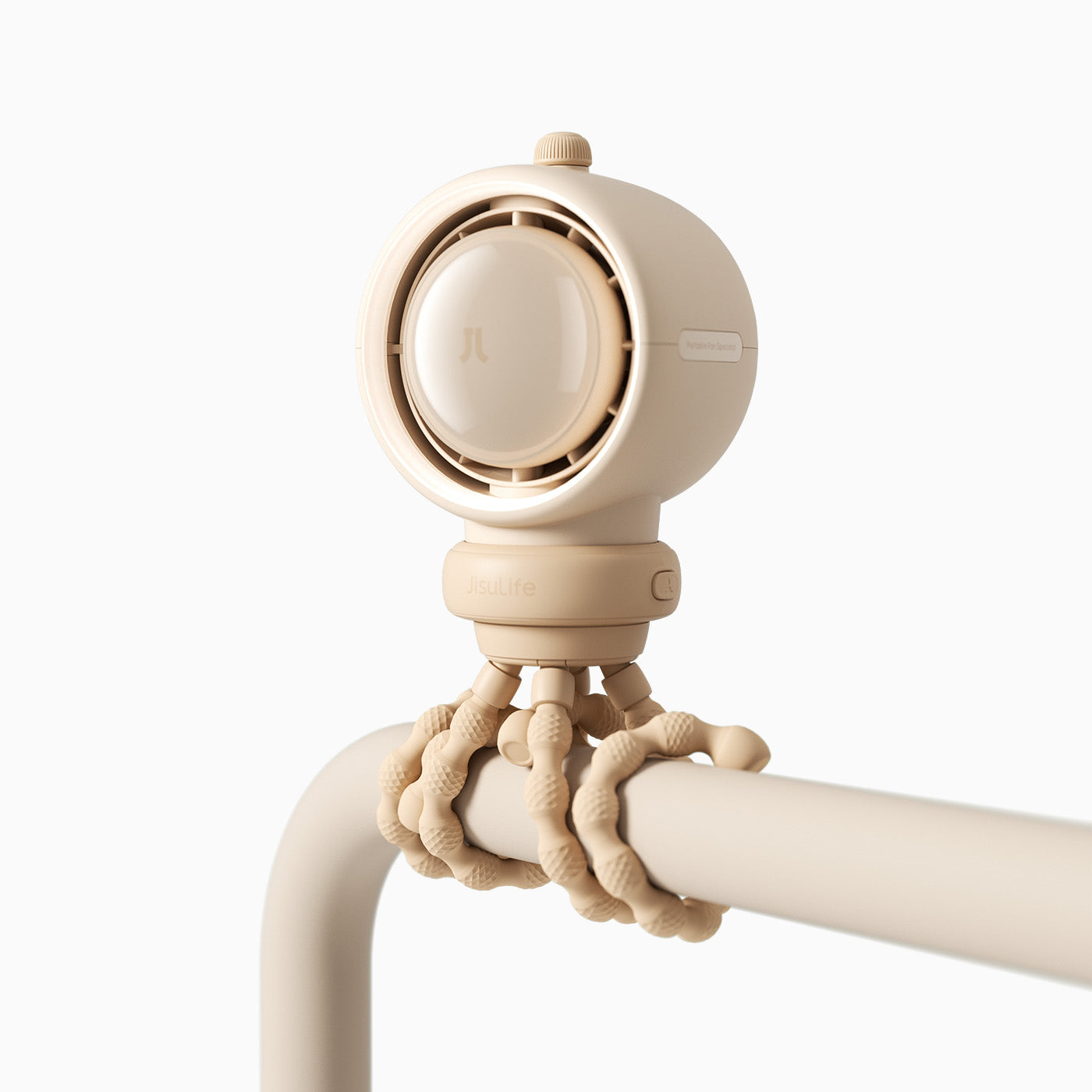 Jisulife Stroller Fan Life2S beige with flexible silicone wrap mounted on a stroller handle
