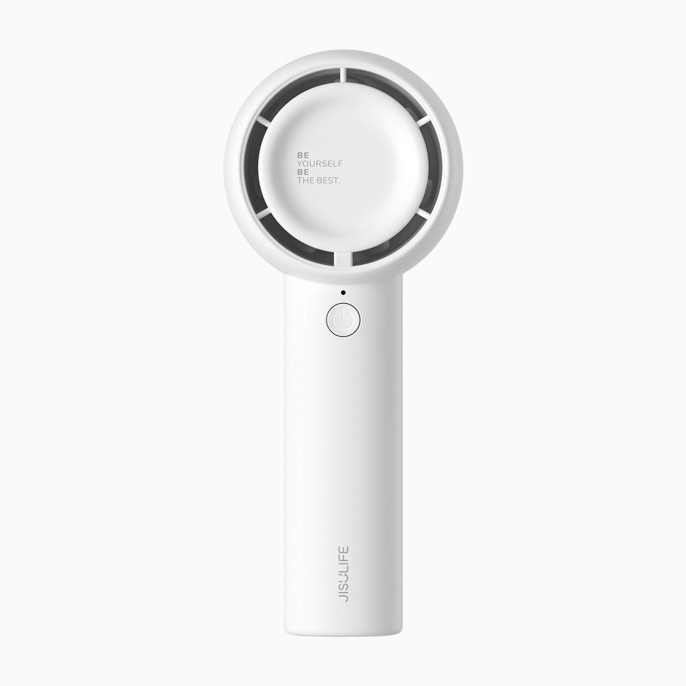 Jisulife handheld fan in white with circular turbo blades and slim portable handle