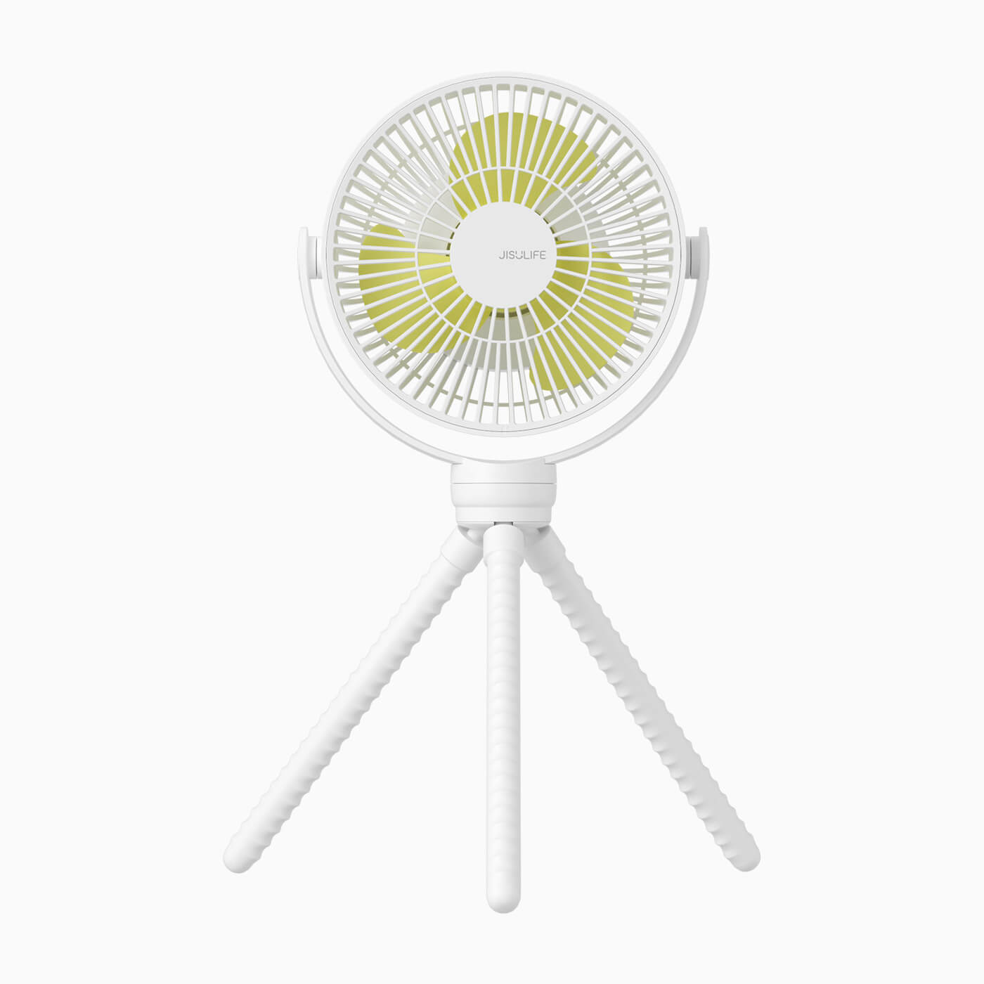 Jisulife FA24 white stroller fan with tripod stand and yellow blades, 360° portable baby fan