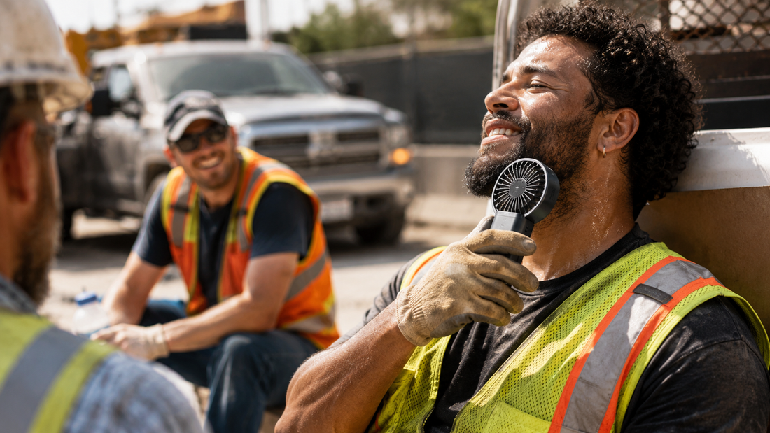 Outdoor construction worker using a handheld portable fan to cool down at a work site in hot weather, with colleagues in safety vests and construction vehicles in the background, illustrating portable fan use for outdoor workers.