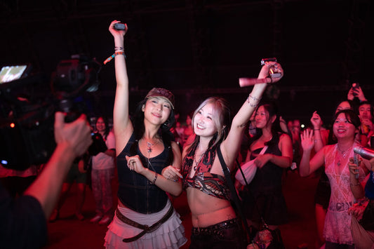 Jisulife handheld fan held by festival-goer at outdoor summer music festival with a large crowd in the background