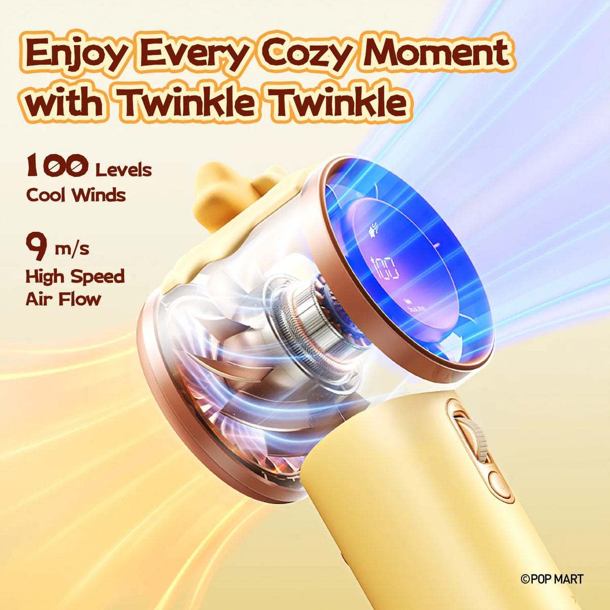 JisuLife Twinkle Twinkle yellow handheld fan with 100 speed settings and powerful airflow up to 9 m/s