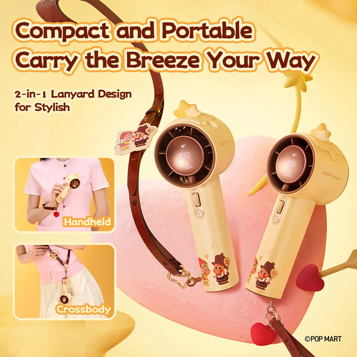 Compact JisuLife Twinkle Twinkle yellow handheld fan with 2-in-1 lanyard for wrist carry or crossbody wear