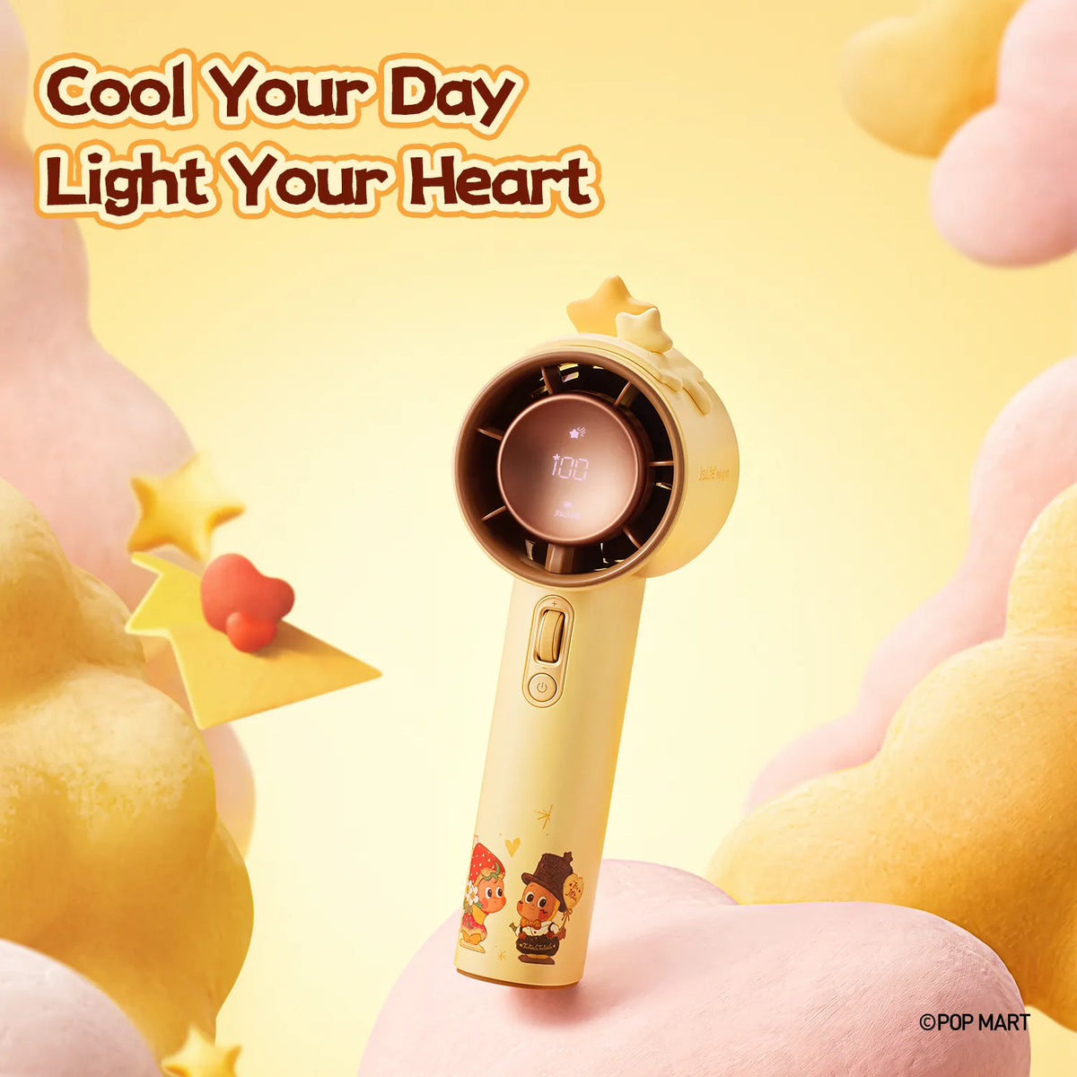 Yellow JisuLIfe Twinkle Twinkle handheld fan with character artwork, star topper and illuminated digital display