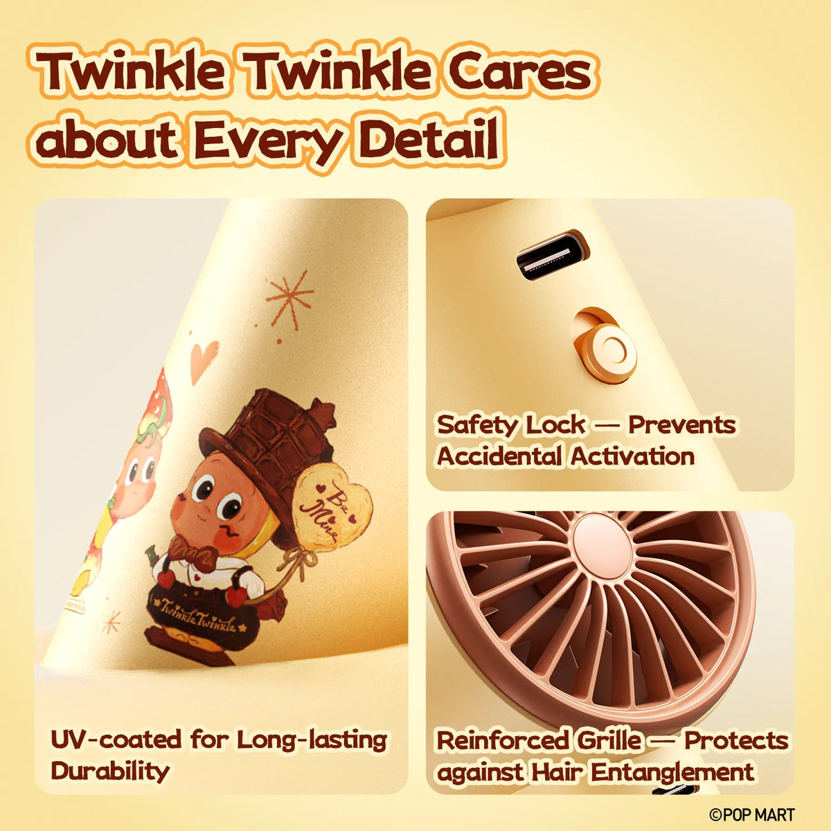 Close-up details of JisuLife Twinkle Twinkle handheld fan with safety lock, UV coating and anti-tangle grille