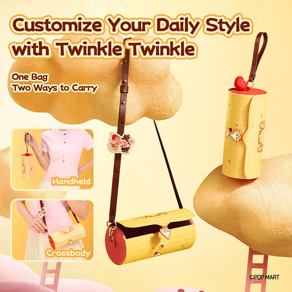 Yellow JisuLife Twinkle Twinkle fan storage bag shown with wrist strap and brown crossbody strap options