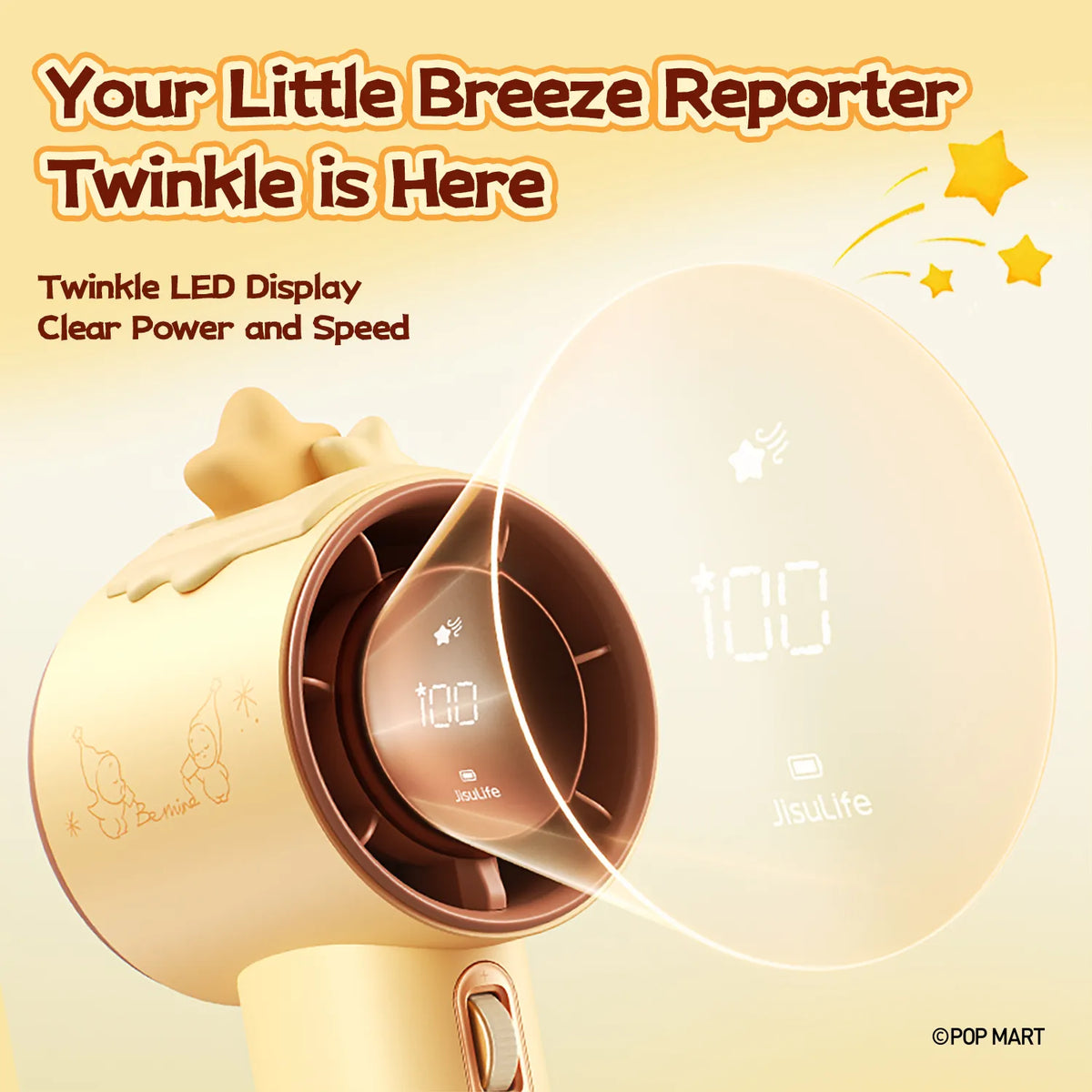JisuLife Twinkle Twinkle handheld fan close-up with star icons and LED display for battery level and speed