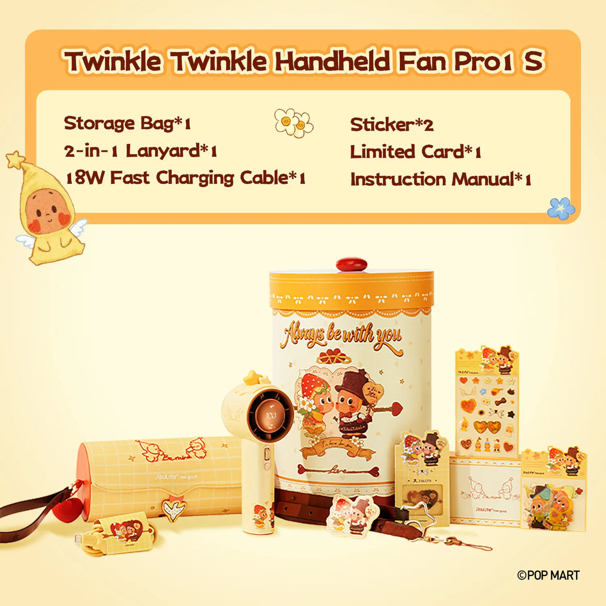 JisuLife Twinkle Twinkle Handheld Fan Pro1 S set with bag, 2-in-1 lanyard, cable, stickers, card and manual
